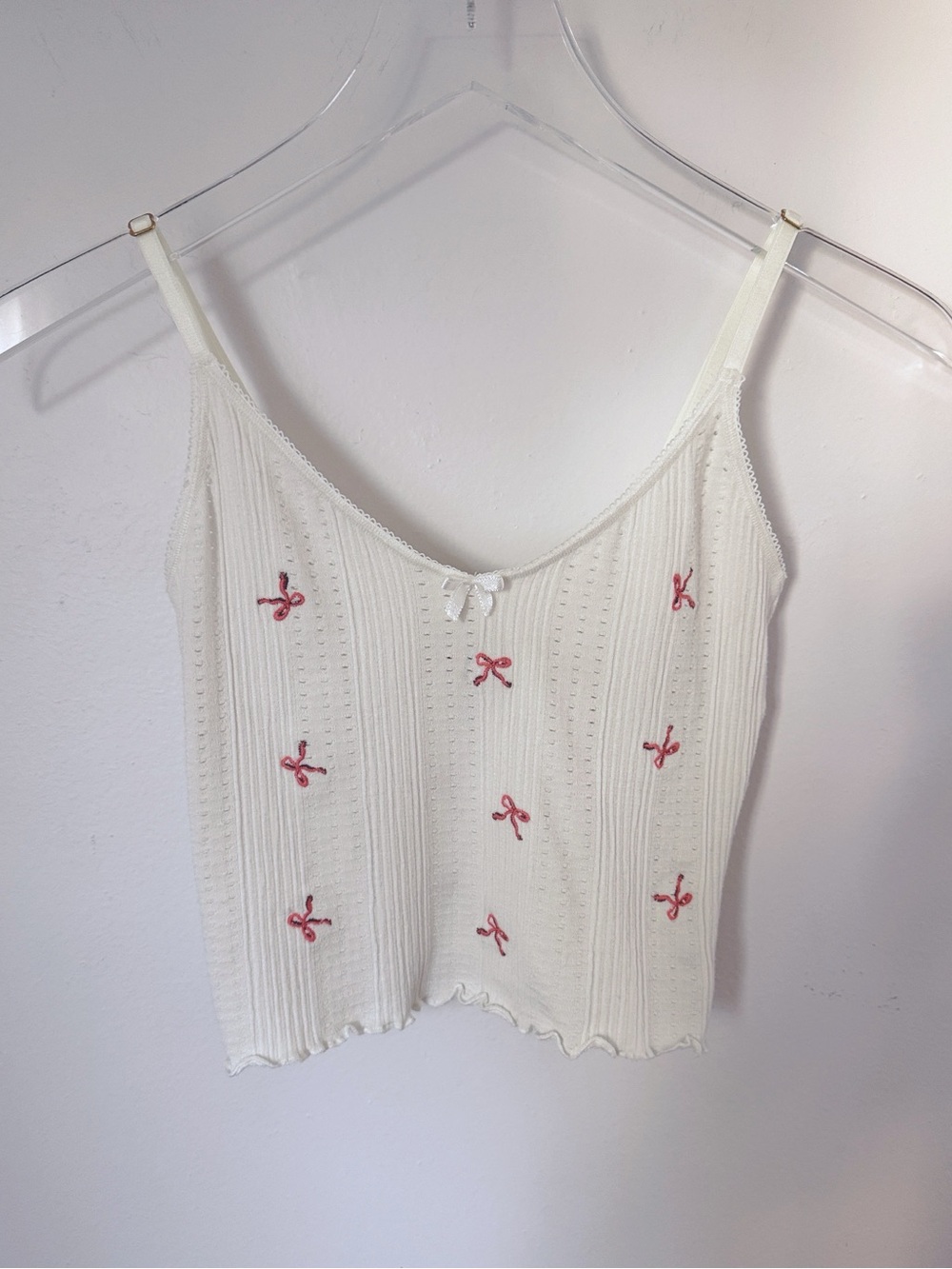Anthropologie Ivory Rib Knit Bow Embroidered Cami Tank Top XXS XS  Cottagecore